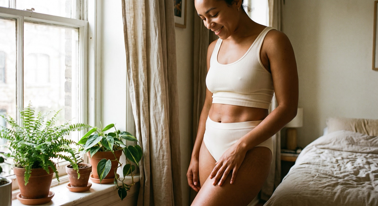 Woman with smooth, glowing skin in soft morning light