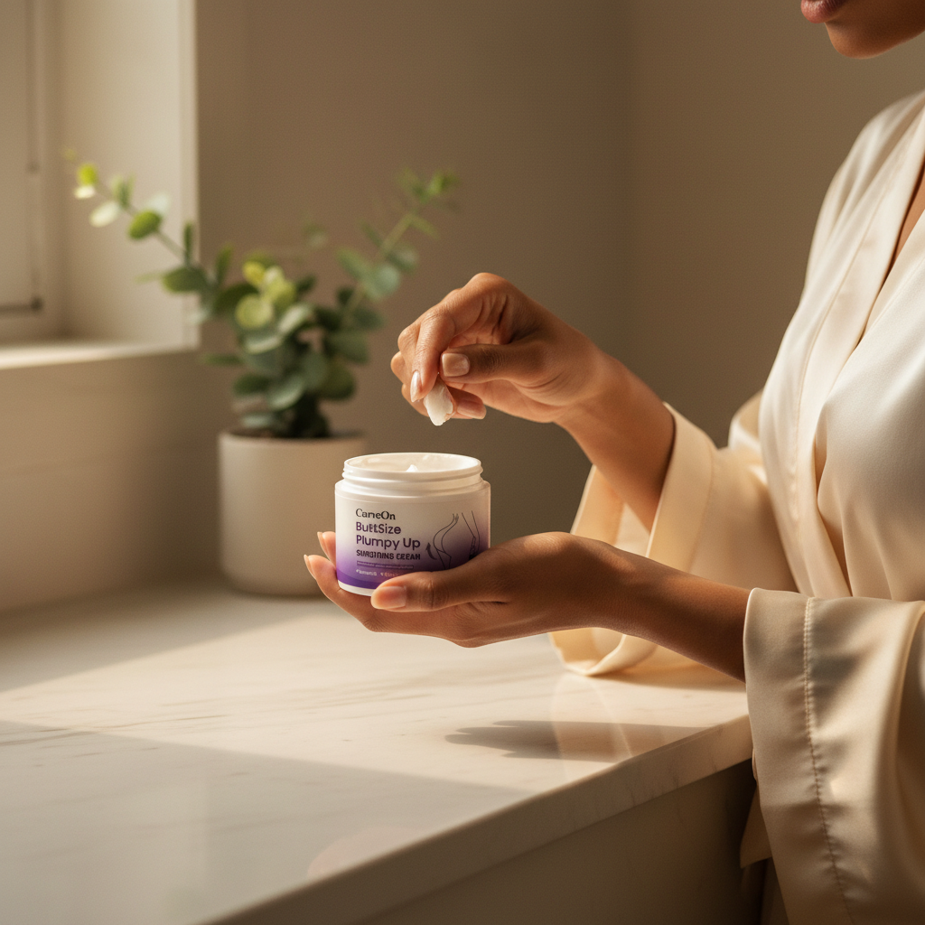 Woman applying CurveOn BBL Smoothing Cream in morning routine
