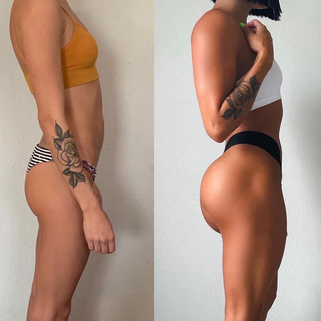 Before and after side view of woman showing visible body transformation and fitness results.
