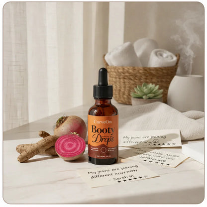 CurveOn Booty Drops bottle, natural skin enhancement supplement for glutes, with a clear view of the product packaging.
