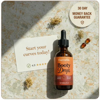CurveOn Booty Drops bottle showing natural ingredients and product label, designed to enhance and sculpt the buttocks.