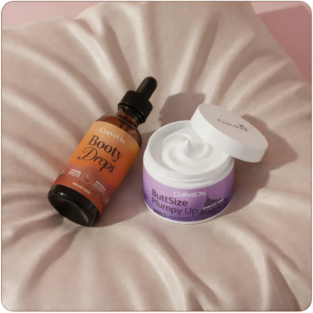 CurveOn Booty Drops bottle showing the product designed to enhance and firm the buttocks with natural ingredients.