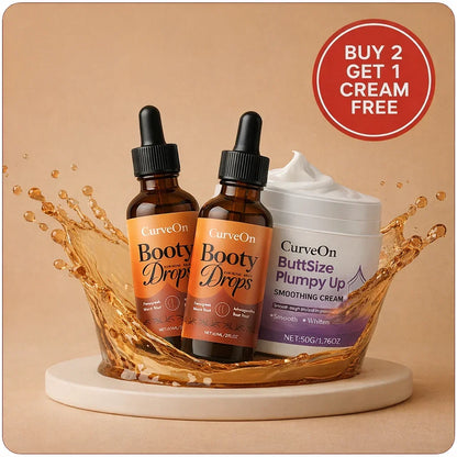 CurveOn Booty Drops bottle, natural supplement for enhancing glute growth, with a clear label and packaging visible.