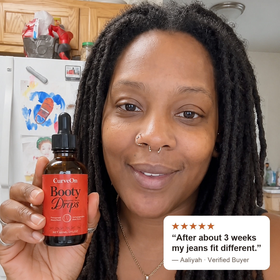CurveOn customer holding her Booty Drops bottle - verified 5-star review